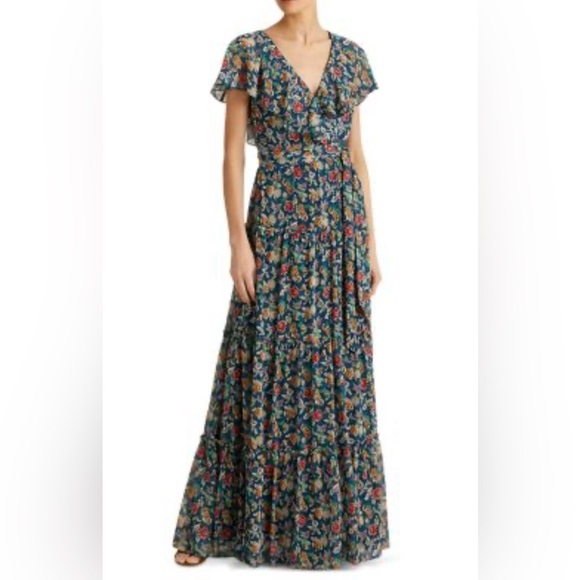 Y2K RALPH LAUREN BLACK LABEL CRINKLE CHIFFON FLORAL TIERED MAXI DRESS SZ 16 - Picture 3 of 8